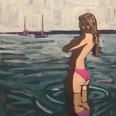 Woman in Ocean #3 - Original Acrylic Painting on Canvas 16 x 20, sunset, waves, swimsuit, nude,  sea, bathing, topless, michael van, gallery 
