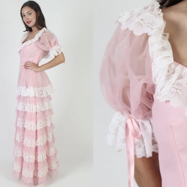 1980s Dance Allure Tiered Chiffon Prom Dress / 80s Prairie Saloon Gown / Pale Pink Full Lace Bustle / 1980s Girls Wedding Maxi 