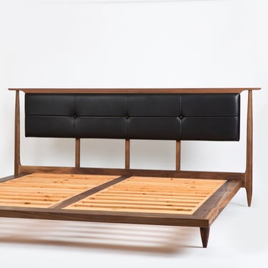 Mid Century Modern Platform Bed Frame Storage Optional / Leather Upholstered Headboard 