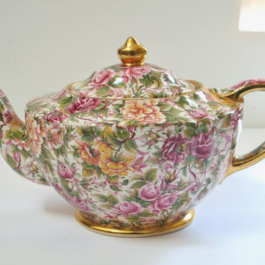 English Chintz Teapot Sadler England Tea Pot 5110 Tea Roses Flowers Pink and Gold Garden Teapot Antique Shabby Chic Old World Elegance 