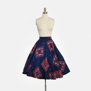 Vintage 1950s I. Magnin red, white & blue bandana print cotton circle skirt 