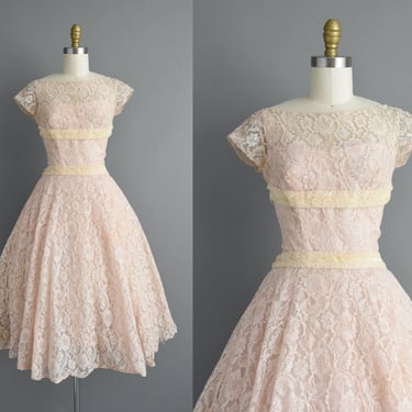 vintage 1950s Lorie Deb Champagne Pink Lace Bridesmaid Cocktail Party Dress | Small 
