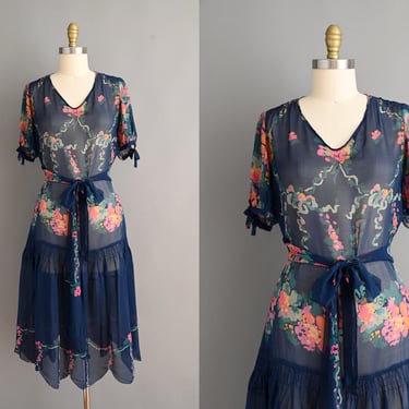 Vintage 1920s Dress | Fluttery Chiffon Scallop Hem Floral Print Garden Party Dress | Medium 