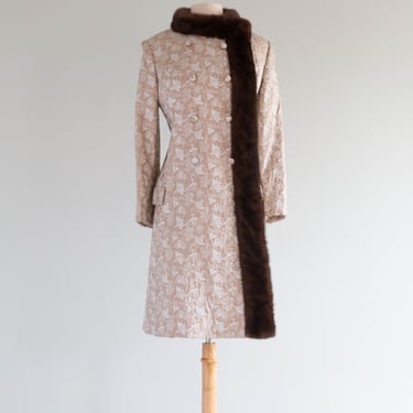 *Florence Sisman Collection* 1960's Silver Cocoa Brocade Evening Coat &amp; Dress Set / ML