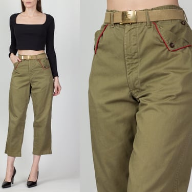 1960s Boy Scouts Belted Pants - 29" Waist | Vintage 60s Unisex High Waist Olive Green Trousers 