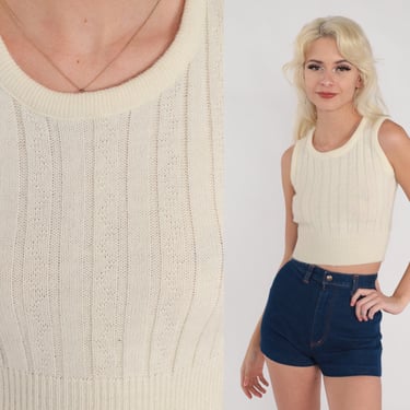 Knit Tank Top 70s Off-White Crop Top Ribbed Knit Shirt Cropped Blouse Sleeveless Retro Seventies Sweater Mod Acrylic Vintage 1970s 2xs xxs 