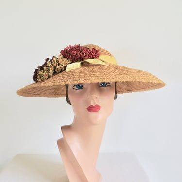 Vintage 1950's Caramel Straw Wide Brim Hat with Felt Flowers Velvet Ribbons Trim Yellow Orange Green Red New York Creations Roberta Bernays 