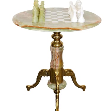 Table, Chess, Italian Onyx & Brass Pedestal Base Table, Lovely Colors, 20th Cen