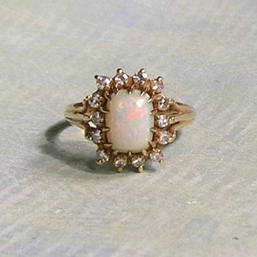 Vintage 14K Gold Opal and Diamond Ring, Old Opal and Diamond Ring, Cocktail Ring, Size 5 (#4386) 