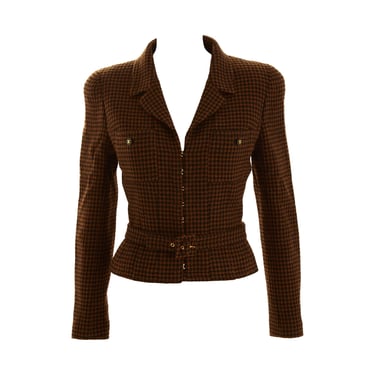 Chanel Brown Houndstooth Belted Jacket