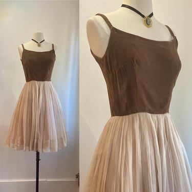 Vintage 50s PARTY Dress  / Brown Velvet Bodice + Buff Organza Overlay Pink Satin Skirt + Crinoline / Degas Ballarina Vibes 