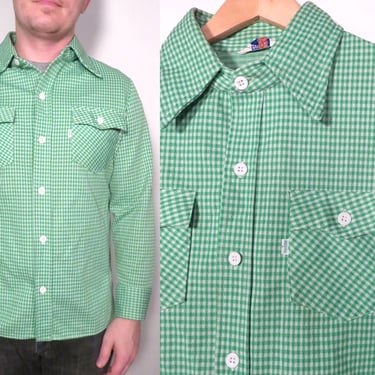 Vintage 70s Levis Lime Green Gingham Polyester Mens Button Up Shirt Size M 