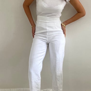 90s ultra high waisted linen pants / vintage white woven linen flat front fitted invisible high waist pants | 27 W 