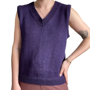 Hand Knit Womens Purple 100% Wool Minimalist Oversized Sweater Vest Waistcoat 