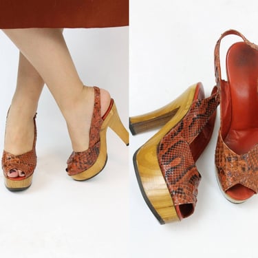 RESERVE 1970s snake wood platforms shoes Size 4.5 us | slingback peep toes 