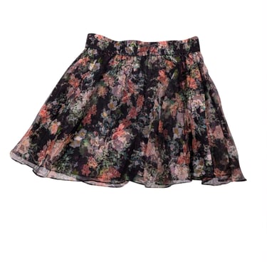 Alice & Olivia - Black w/ Peach & Green Floral Print Silk Skirt Sz 4