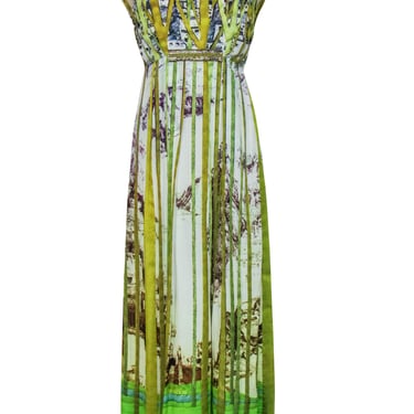 Geisha Designs - Green & Ivory Forest Printed Illusion Gown w/ Beading Sz M