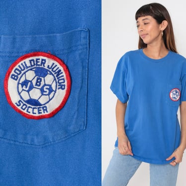 90s Boulder Junior Soccer Shirt Blue Patch TShirt Graphic T Shirt Vintage 1990s Sports Shirt Sportswear Streetwear Cotton Crewneck Large L 