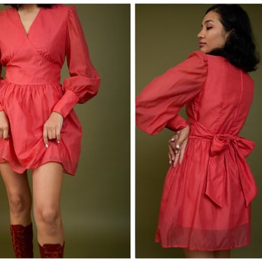 Vintage 1960s 60s Coral Pink Red V Neckline Mini Dress w/ Empire Waist, Bow Ribbon, Bishop Sleeves 