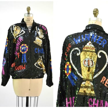 80s 90s Vintage Black Sequin Jacket Bomber jacket Modi with Trophy Winner Pop Art Vintage Black Sequin Jacket with Champion 1st place 