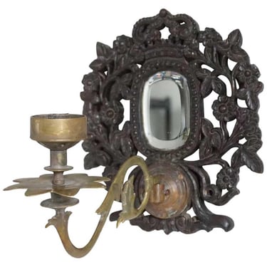 Antique Indo-Portuguese Goan Teak, Brass and Mirrored One-Arm Candle Wall Sconce 