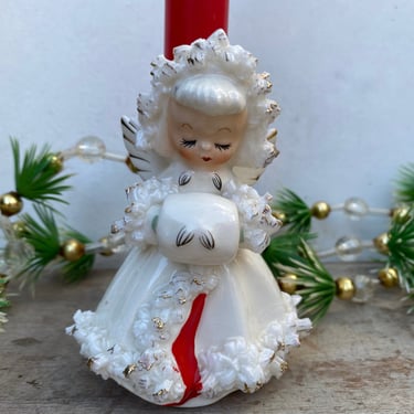 1958 Holt Howard Angel Candle Holder, White And Red, Winter White Fur Coat With Muff, Vintage Christmas Decor, Table Decor 