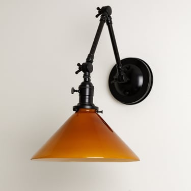 Adjustable Arm Wall Sconce - Amber Glass Shade - Task Lighting - Farmhouse Decor - Reading Lamp 