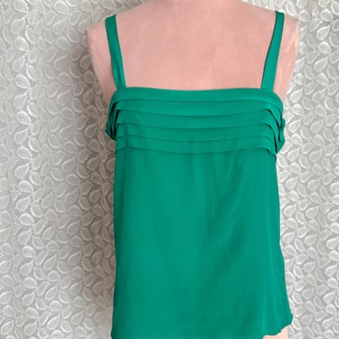 All Silk Cami Top, Jade Green Silk Tank, Pleats at Top, Side Buttons, Vintage 70s 80s 