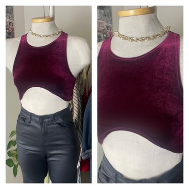 Y2K Velvet Crop Top with Racer Back & Curved Hem - Size Medium - Vintage 2000s Velvet Tank 