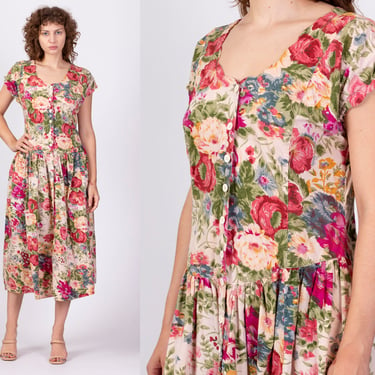 90s Starina Floral Midi Grunge Dress - Large | Vintage Cotton Short Sleeve Button Up Scalloped Dress 