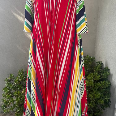 Vintage maxi kaftan dress stripes multicolor pockets terry cloth jersey OS 