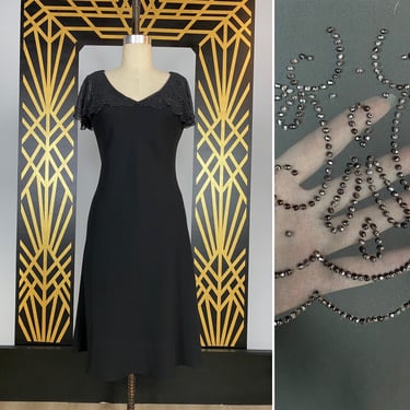 1990s cocktail dress, vintage 90s dress, black rayon, bias cut, medium, sheer beaded dress, sl fashions, shawl collar, scalloped 
