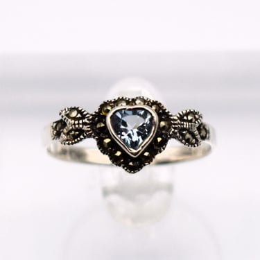 80's blue topaz pyrite 925 silver size 9.75 heart ring, dainty sterling marcasite leafy sweetheart ring 
