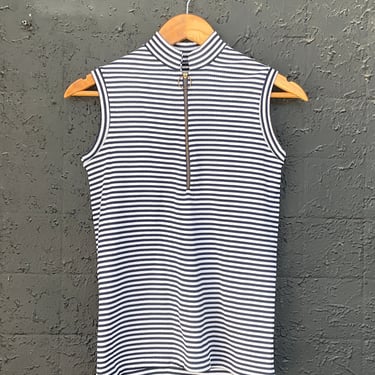 60s White & Navy Striped Sleeveless Top w/ Zippered Neckline