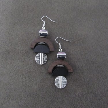 Carved wooden earrings, black and silver 