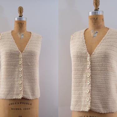 60s Chunky Knit Fisherman's Vest | Sleeveless Wool Sweater | Cream, V-Neck, Button Front | Medium 