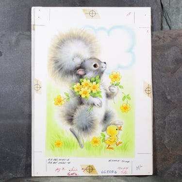 VERY RARE! ORIGINAL Gouache Painting by Artist Fran Ju | 1960s Original Rust Craft Greeting Card Art | Squirrel & Chick in Spring 