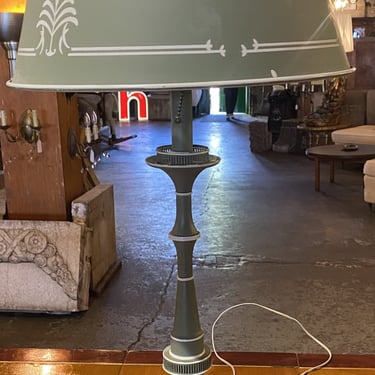 Green and White Pinstriped Metal Table Lamp