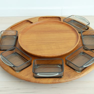 Danish Modern Digsmed Large Teak and Glass Lazy Susan Round Serving Tray Made in Denmark - Missing 2 Dishes 