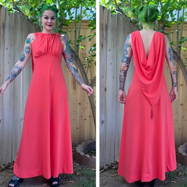 Vintage 1970’s Coral Pink Maxi Dress with Draped Back 