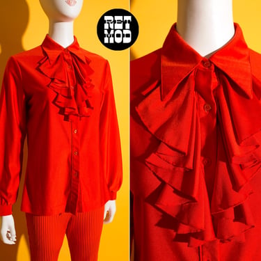 Amazing Vintage 60s 70s Red Satiny Jabot Collared Long Sleeve Blouse 