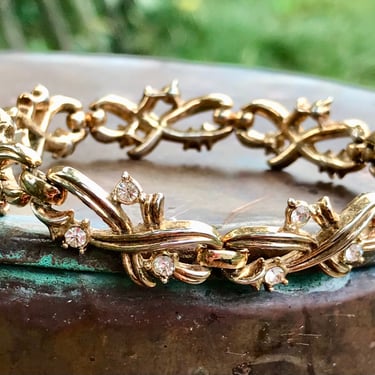 Crown Trifari Rhinestone Bracelet Gold Tone Mid Century Vintage Retro Jewelry 1950s 1960s 