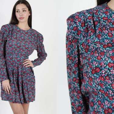 Vintage 80's Tiny Floral All Over Print Secretary Pleated Full Skirt Mini Dress 