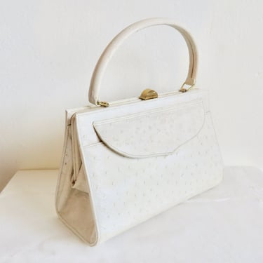 1960's White Ostrich Leather Structured Purse Top Handle Gold Metal Clasp and Hardware Mod Style 60's Spring Summer Handbags Andrew Geller 