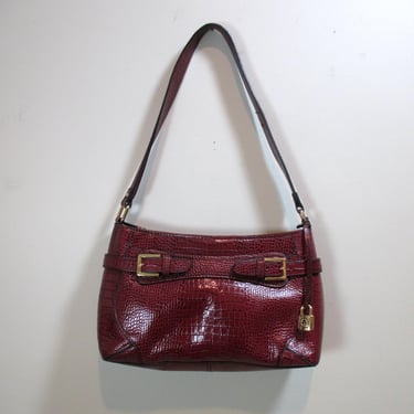 Etienne Aigner Croco Embossed Shoulder Bag Burgundy Leather Purse Vintage Reptile Print Handbag Red Wine Maroon Leather Shoulder Tote 