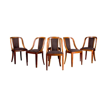 1930s French Art Deco Gondola Walnut Dining Chairs W/ Striped Brown Velvet - Set of 6 