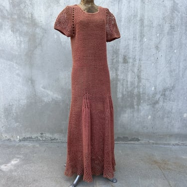 Vintage 1940s Coral Cotton Knit Dress Fish Net Nautical Hourglass Fit Full