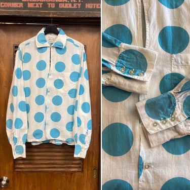 Vintage 1960’s Blue x White Polka Dot Mod Poet Sleeve Pop Art Long Sleeve Shirt, 60’s Vintage Clothing 