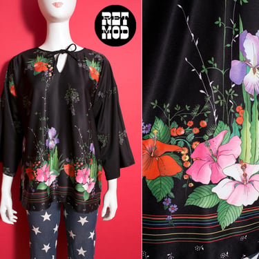 Lovely Vintage 70s Black Boho Blouse with Tropical Flowers Border Print by Regal Bow 