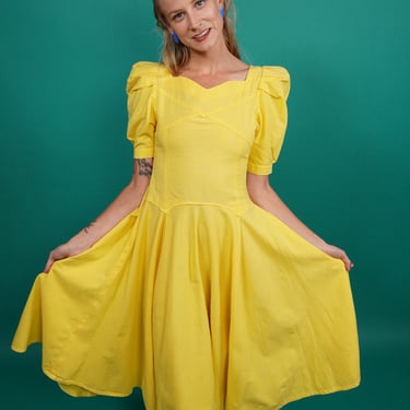 50s/60s Vintage Tailored Yellow Swing Skirt Dress With Puff Sleeves, Pin Up Dress, Rockabilly Dress, Swing Skirt, 1960s Dress, Size XS/S 